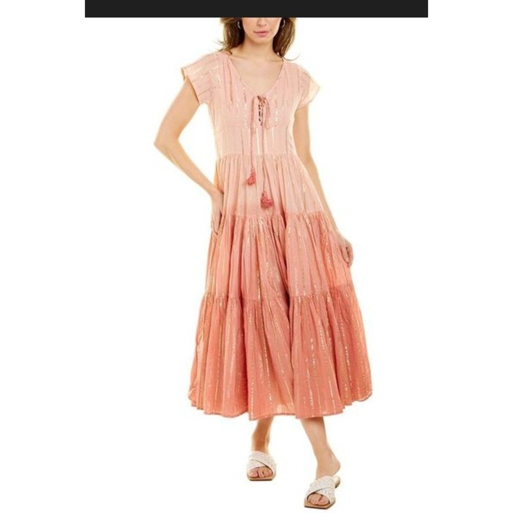 AREA Stars Women Peach Gold Metallic Striped Tiered Lace Up Midi Dress XS